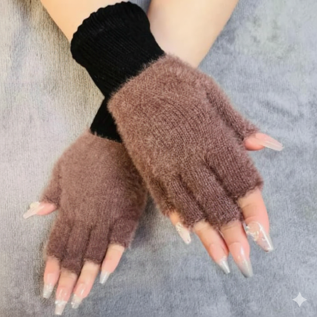 Girls Soft Plush Half Finger Gloves | Warm Fuzzy Fingerless Winter Gloves